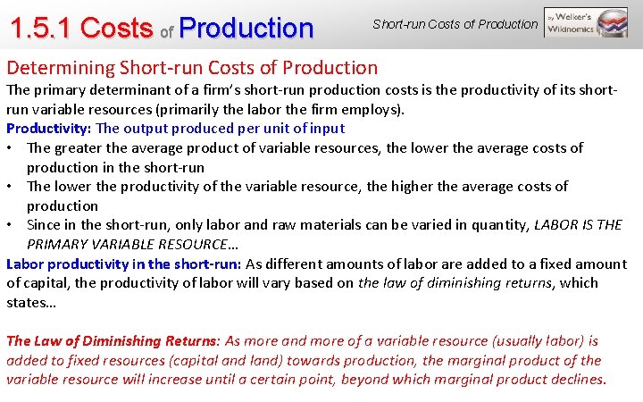 1. 5. 1 Costs of Production Short-run Costs of Production Determining Short-run Costs of