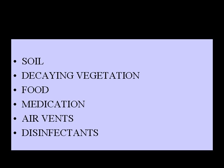  • • • SOIL DECAYING VEGETATION FOOD MEDICATION AIR VENTS DISINFECTANTS 