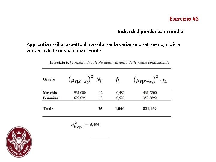 Esercizio #6 Indici di dipendenza in media Approntiamo il prospetto di calcolo per la Esercizio #6 Indici di dipendenza in media Approntiamo il prospetto di calcolo per la