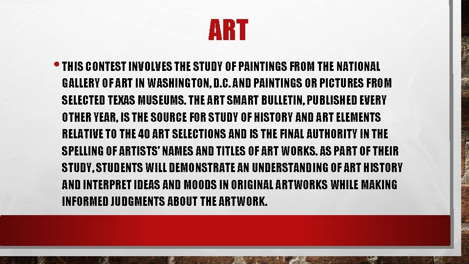 ART • THIS CONTEST INVOLVES THE STUDY OF PAINTINGS FROM THE NATIONAL GALLERY OF