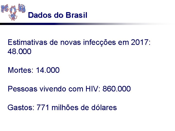 Dados do Brasil Estimativas de novas infecções em 2017: 48. 000 Mortes: 14. 000