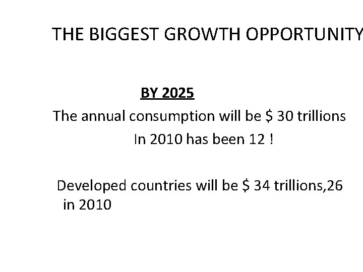 THE BIGGEST GROWTH OPPORTUNITY BY 2025 The annual consumption will be $ 30 trillions