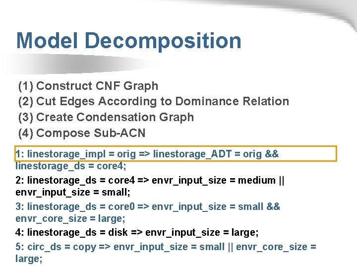 Model Decomposition (1) Construct CNF Graph (2) Cut Edges According to Dominance Relation (3)