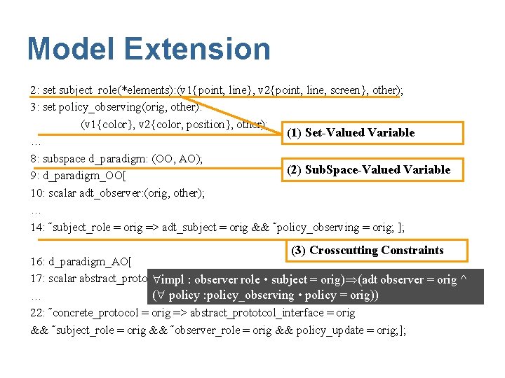 Model Extension 2: set subject_role(*elements): (v 1{point, line}, v 2{point, line, screen}, other); 3: