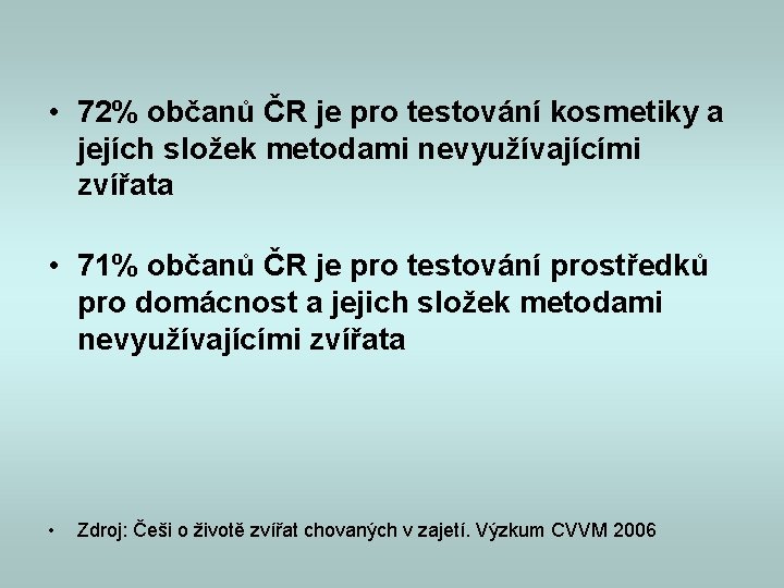 • 72% občanů ČR je pro testování kosmetiky a jejích složek metodami nevyužívajícími • 72% občanů ČR je pro testování kosmetiky a jejích složek metodami nevyužívajícími