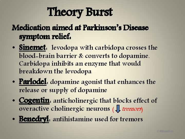 Theory Burst Medication aimed at Parkinson’s Disease symptom relief: • Sinemet: levodopa with carbidopa