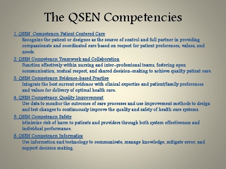 The QSEN Competencies 1. QSEN Competency: Patient Centered Care Recognize the patient or designee