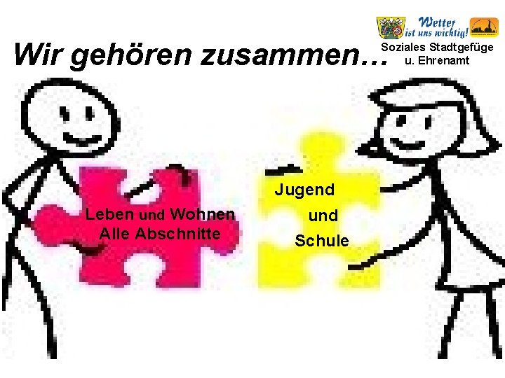 Wir gehören zusammen… Soziales Stadtgefüge u. Ehrenamt Jugend Leben und Wohnen Alle Abschnitte und