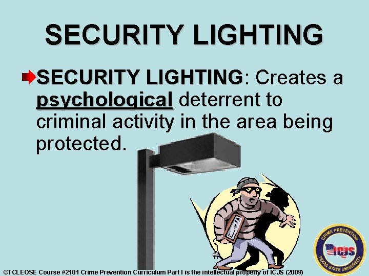 SECURITY LIGHTING: LIGHTING Creates a psychological deterrent to criminal activity in the area being