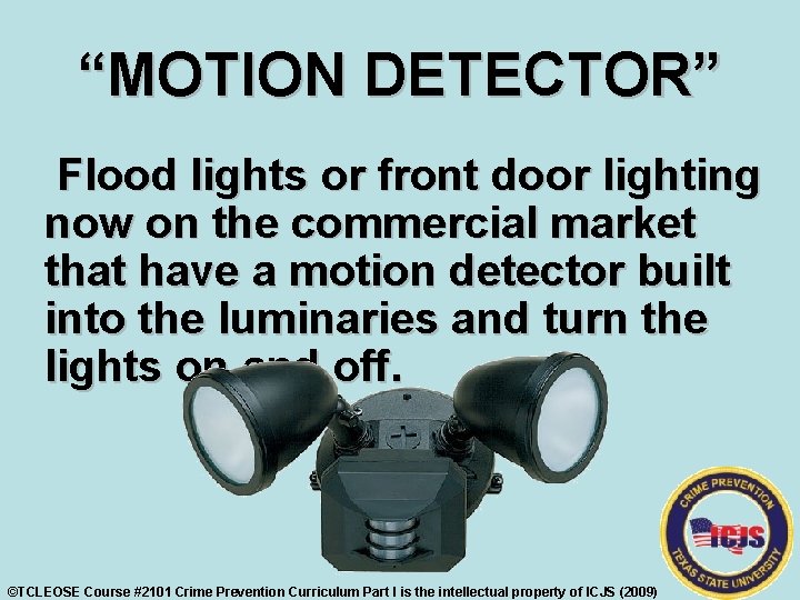 “MOTION DETECTOR” Flood lights or front door lighting now on the commercial market that