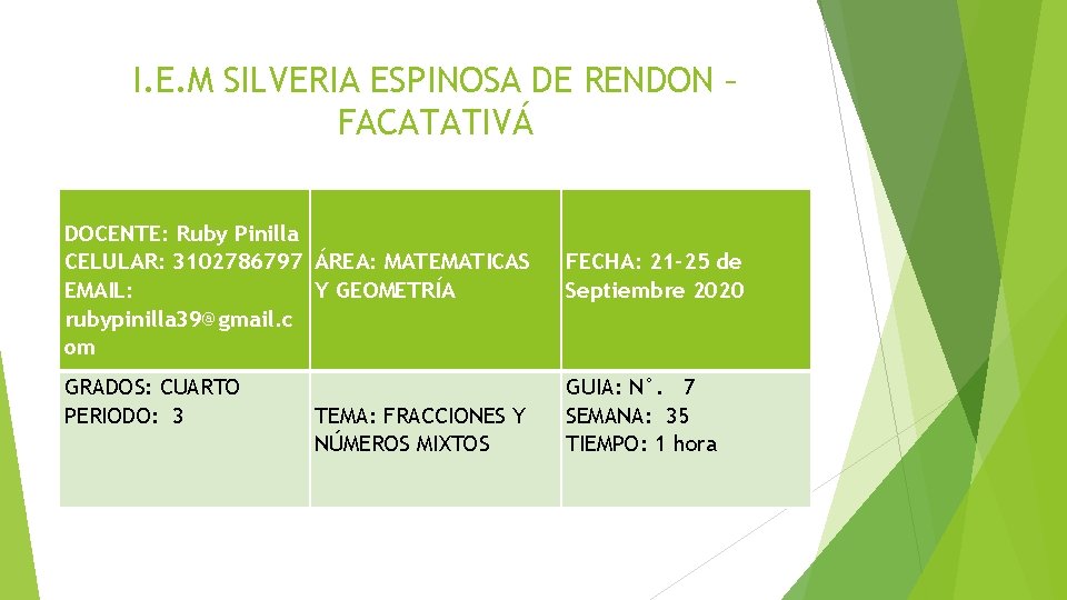 I. E. M SILVERIA ESPINOSA DE RENDON – FACATATIVÁ DOCENTE: Ruby Pinilla CELULAR: 3102786797