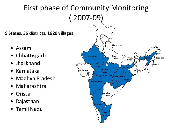 First phase of Community Monitoring ( 2007 -09) 9 States, 36 districts, 1620 villages