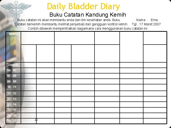 Daily Bladder Diary Buku Catatan Kandung Kemih Buku catatan ini akan membantu anda dan Daily Bladder Diary Buku Catatan Kandung Kemih Buku catatan ini akan membantu anda dan