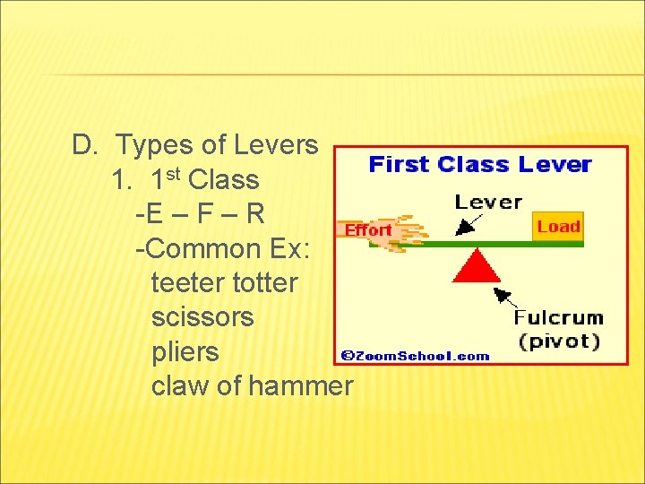 D. Types of Levers 1. 1 st Class -E – F – R -Common