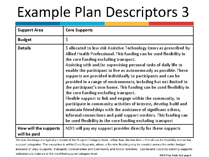 Example Plan Descriptors 3 Support Area Core Supports Budget $ Details $ allocated to