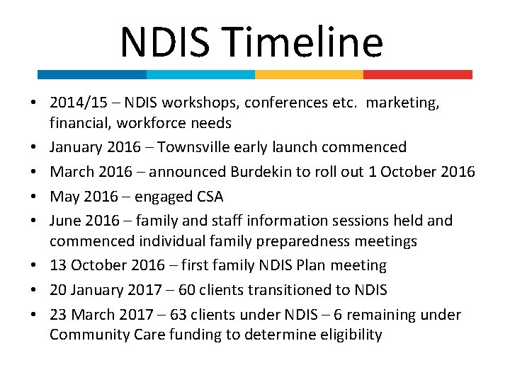 NDIS Timeline • 2014/15 – NDIS workshops, conferences etc. marketing, financial, workforce needs •