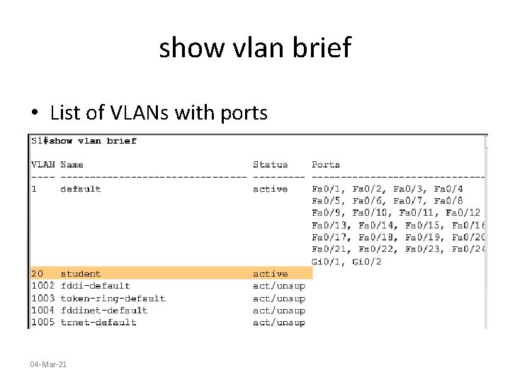 show vlan brief • List of VLANs with ports 04 -Mar-21 