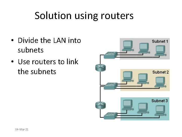Solution using routers • Divide the LAN into subnets • Use routers to link