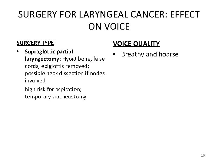 SURGERY FOR LARYNGEAL CANCER: EFFECT ON VOICE SURGERY TYPE • Supraglottic partial laryngectomy: Hyoid