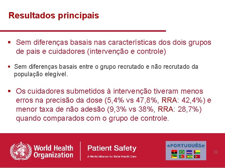 Resultados principais § Sem diferenças basais nas características dois grupos de pais e cuidadores