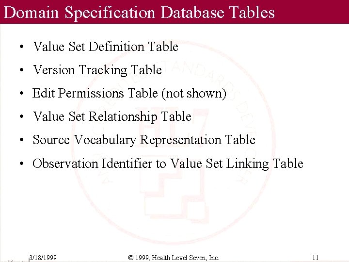 Domain Specification Database Tables • Value Set Definition Table • Version Tracking Table •