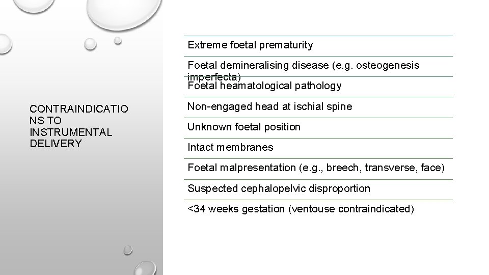 Extreme foetal prematurity Foetal demineralising disease (e. g. osteogenesis imperfecta) Foetal heamatological pathology CONTRAINDICATIO