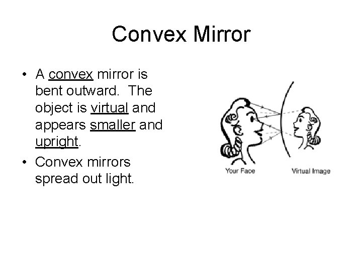 Convex Mirror • A convex mirror is bent outward. The object is virtual and