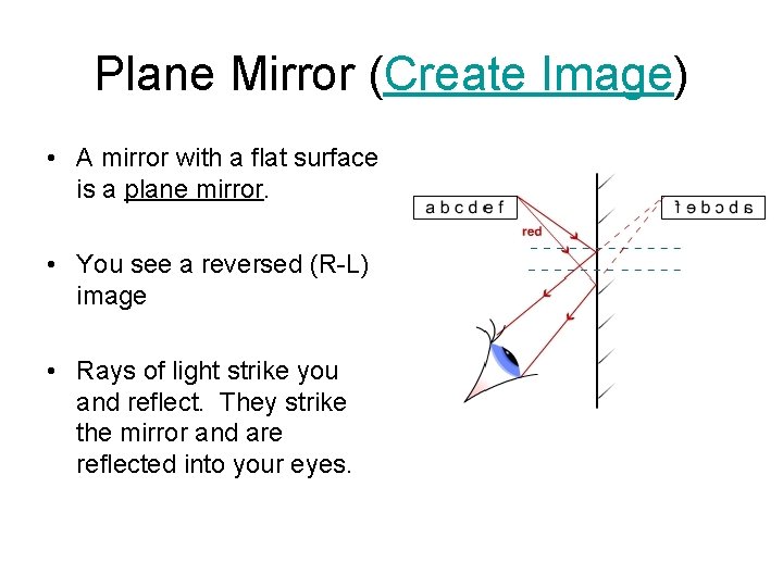 Plane Mirror (Create Image) • A mirror with a flat surface is a plane