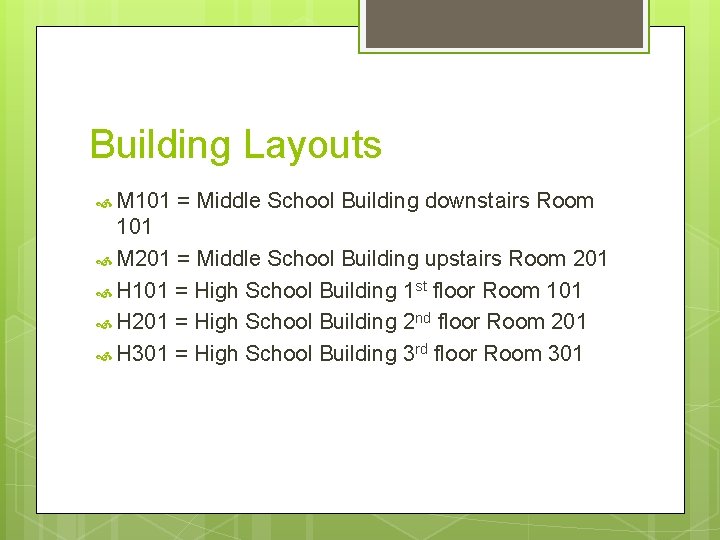 Building Layouts M 101 = Middle School Building downstairs Room 101 M 201 =