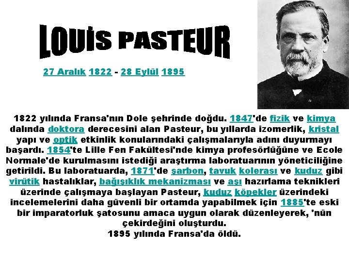 27 Aralık 1822 - 28 Eylül 1895 1822 yılında Fransa'nın Dole şehrinde doğdu. 1847'de