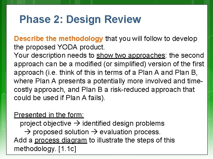 Phase 2: Design Review Describe the methodology that you will follow to develop the Phase 2: Design Review Describe the methodology that you will follow to develop the