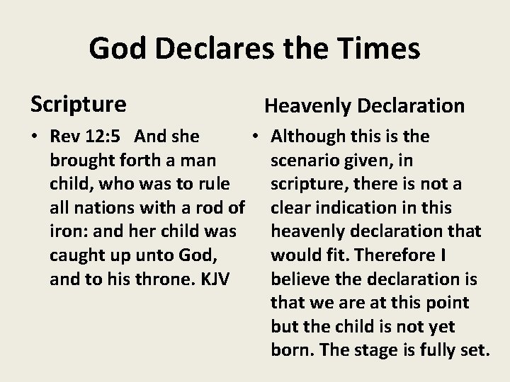 God Declares the Times Scripture • Rev 12: 5 And she • brought forth