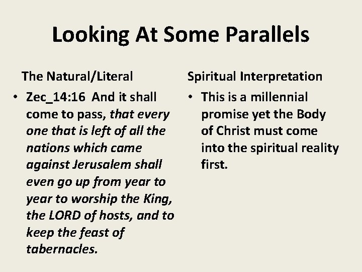 Looking At Some Parallels The Natural/Literal Spiritual Interpretation • Zec_14: 16 And it shall