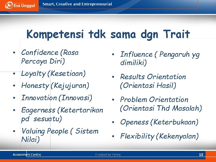 Kompetensi tdk sama dgn Trait • Confidence (Rasa Percaya Diri) • Influence ( Pengaruh Kompetensi tdk sama dgn Trait • Confidence (Rasa Percaya Diri) • Influence ( Pengaruh
