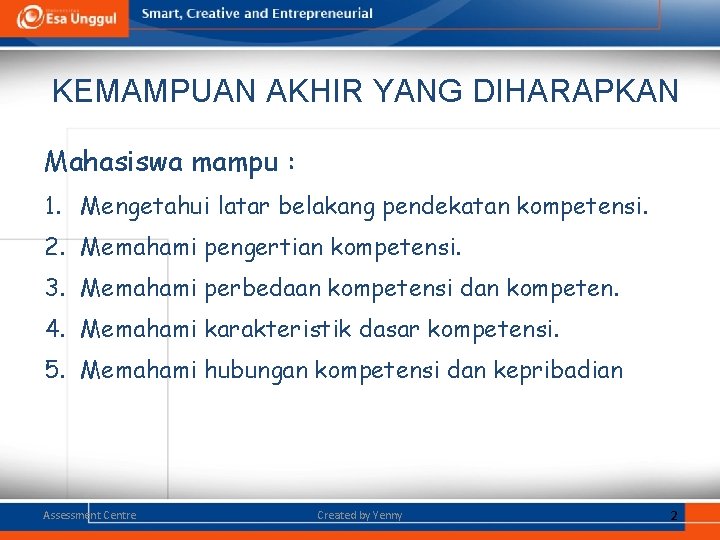 KEMAMPUAN AKHIR YANG DIHARAPKAN Mahasiswa mampu : 1. Mengetahui latar belakang pendekatan kompetensi. 2. KEMAMPUAN AKHIR YANG DIHARAPKAN Mahasiswa mampu : 1. Mengetahui latar belakang pendekatan kompetensi. 2.