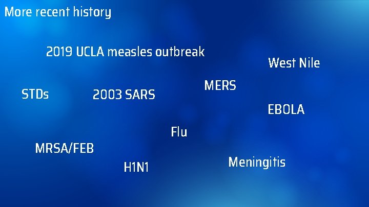 More recent history 2019 UCLA measles outbreak STDs MERS 2003 SARS MRSA/FEB West Nile