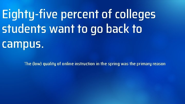 Eighty-five percent of colleges students want to go back to campus. The (low) quality