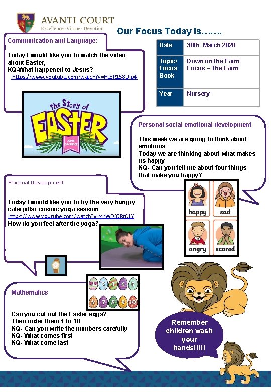 Our Focus Today Is……. Communication and Language: Today I would like you to watch