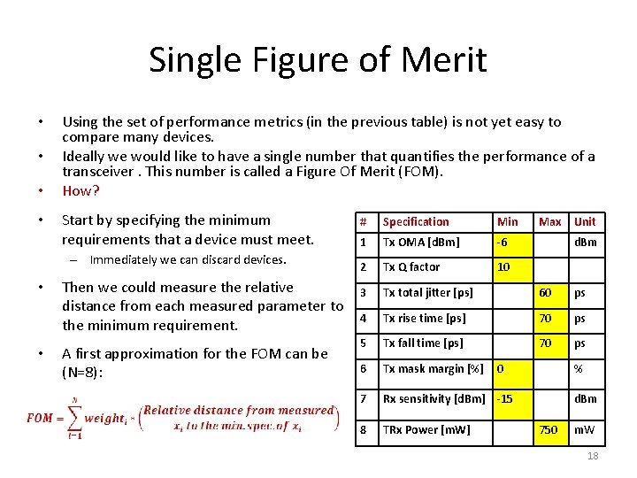 Single Figure of Merit • • Using the set of performance metrics (in the Single Figure of Merit • • Using the set of performance metrics (in the