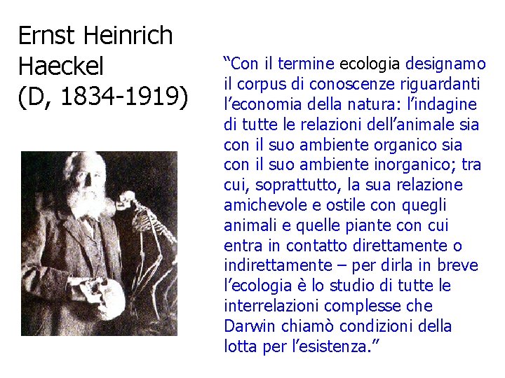 Ernst Heinrich Haeckel (D, 1834 -1919) “Con il termine ecologia designamo il corpus di