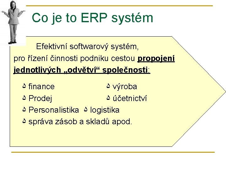 Co je to ERP systém Efektivní softwarový systém, pro řízení činnosti podniku cestou propojení