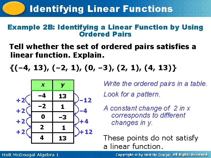 Identifying Linear Functions Example 2 B: Identifying a Linear Function by Using Ordered Pairs