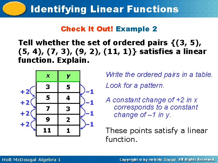 Identifying Linear Functions Check It Out! Example 2 Tell whether the set of ordered