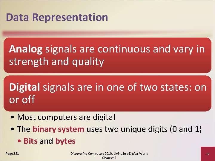 Data Representation Analog signals are continuous and vary in strength and quality Digital signals