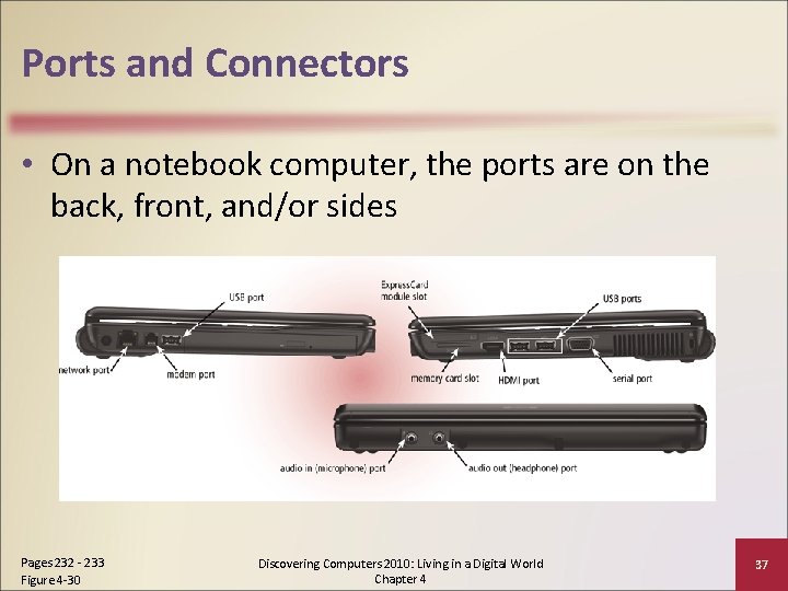 Ports and Connectors • On a notebook computer, the ports are on the back,