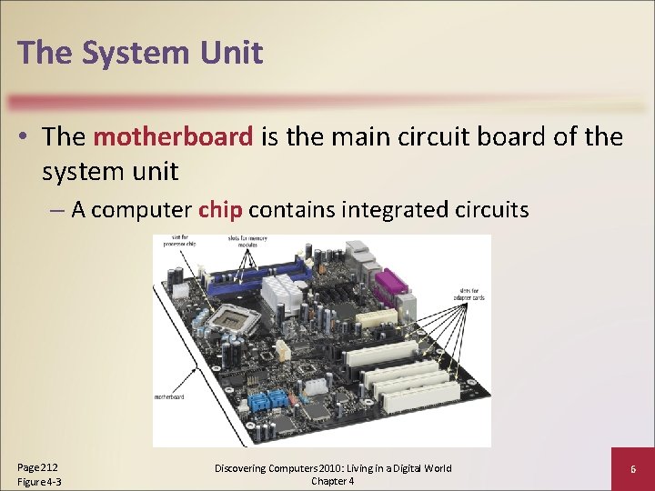 The System Unit • The motherboard is the main circuit board of the system