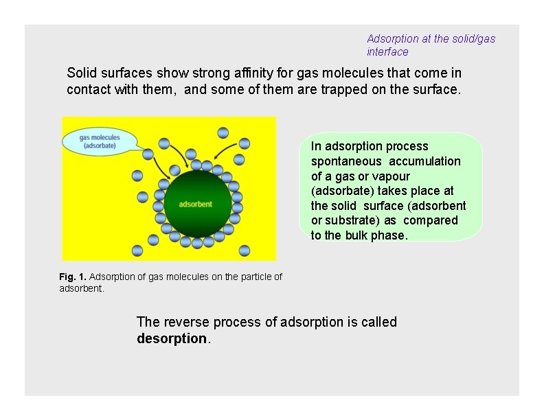 Adsorption at the solid/gas interface Solid surfaces show strong affinity for gas molecules that