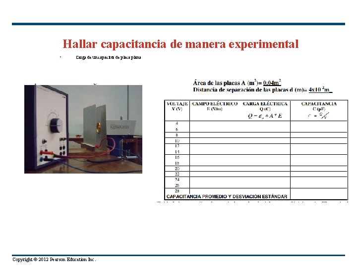 Hallar capacitancia de manera experimental • Carga de un capacitor de placa plana Copyright