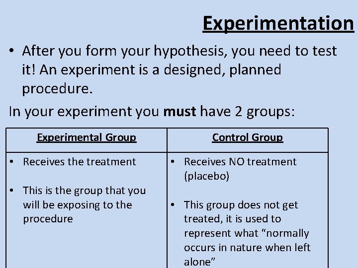 Experimentation • After you form your hypothesis, you need to test it! An experiment