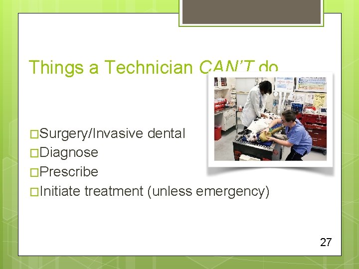 Things a Technician CAN’T do… �Surgery/Invasive dental �Diagnose �Prescribe �Initiate treatment (unless emergency) 27